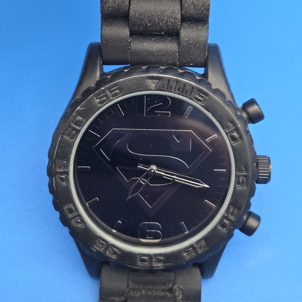 Accutime Superman Watch Mens 40mm Black DC Comics Rubber Strap New Battery